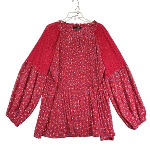 Suzanne Betro Red Chiffon Floral Blouse Womens Plus Size 2X Lace Puff Sleeve